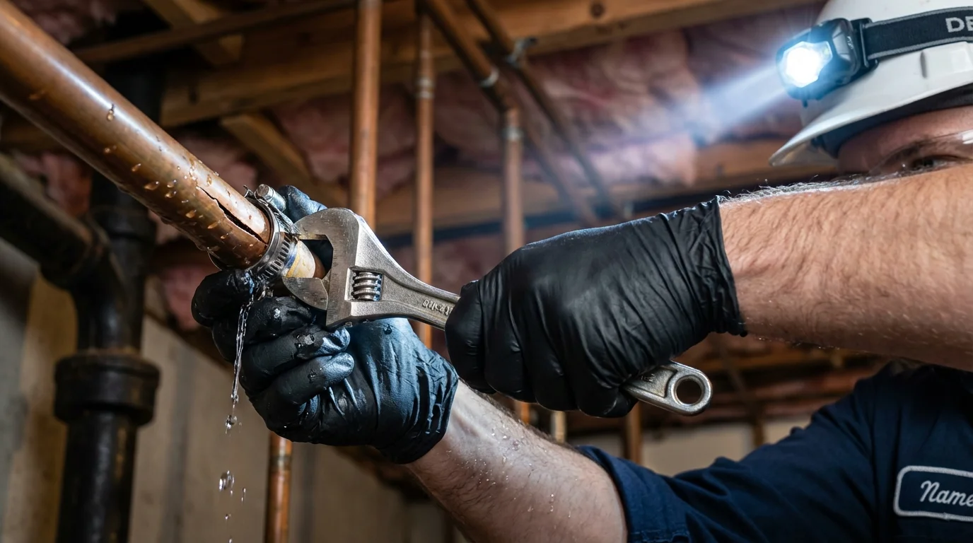 Emergency pipe clamp repair being performed by a Johns Plumbing LLC plumber in Hazel Crest