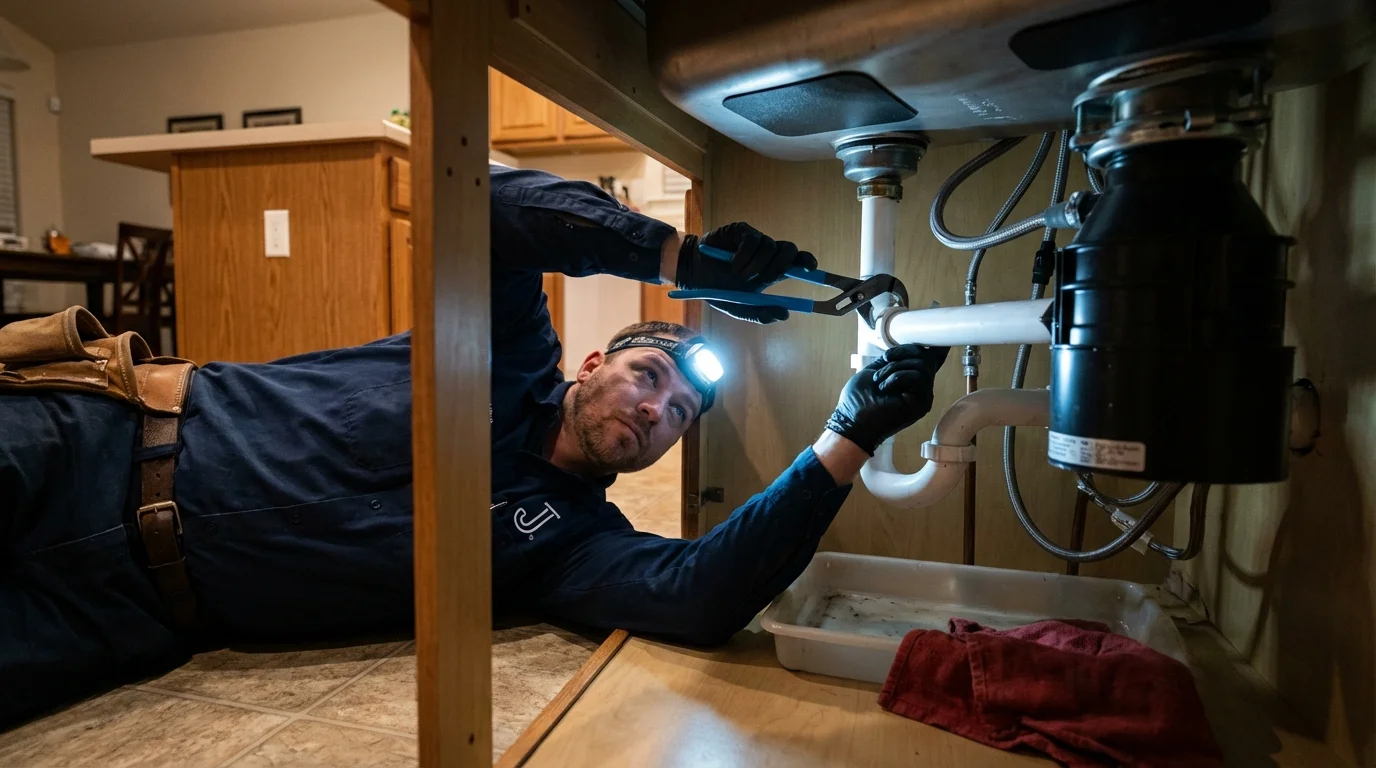 P-trap and supply line connections under a kitchen sink showing a common leak point in Hazel Crest, IL